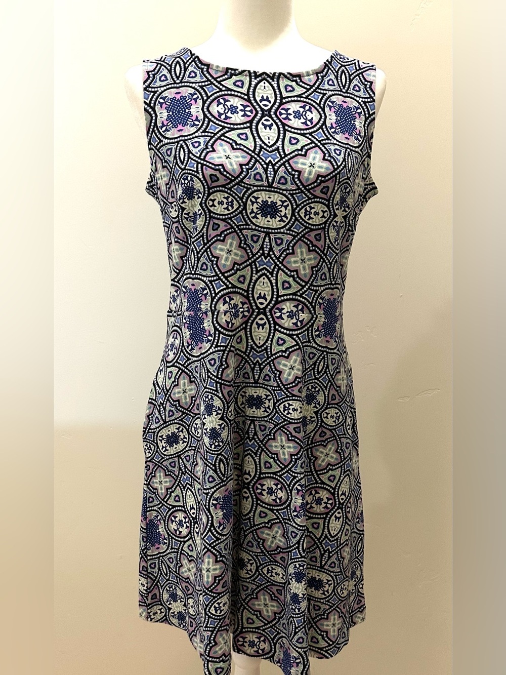 Talbots Navy, Lavender, and Mint Patterned Sleeveless Petite Midi Dress